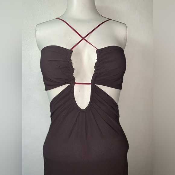 NWT Nensi Dojaka Key Hole Front Cut Out Stretch Viscose Maxi Dress Brown S/M - Picture 5 of 8